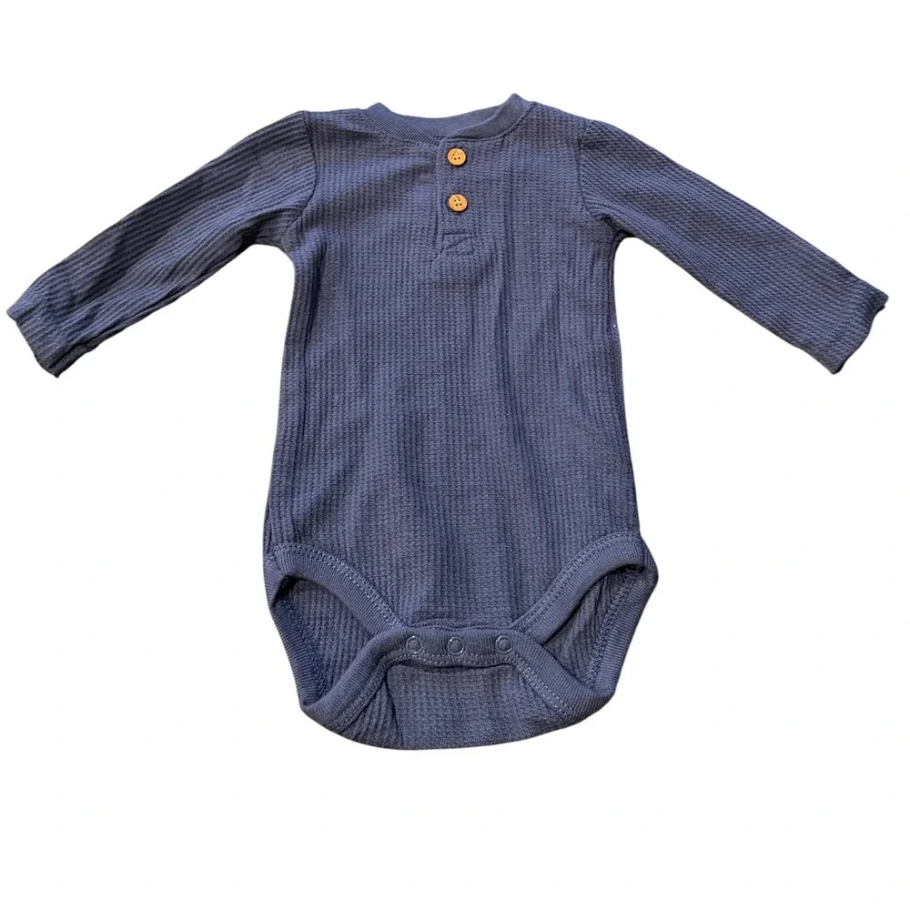 Chick Pea Baby Boys Blue Waffle Knit Henley Bodysuit Long Sleeve 0-3M NEW